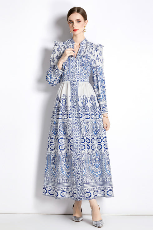 Renaissance Paisley Printed Court Style Elegant V-Neck, High Waist, Lantern Sleeve Formal Party Dress